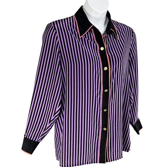 Bob Mackie Womens L Wearable Art 100% Silk Blouse Gold Buttons Contrast Trim Top - Picture 5 of 16